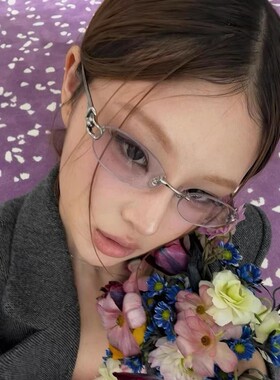 韩版椭圆猫眼无框墨镜女Y2K水银色辣妹金属镂空高级感绳结太阳镜