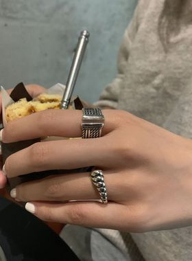 韩国东大门s925纯银立体重工戒指扭纹开口指环食指戒冷淡风小众潮