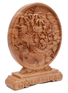 桃木摆件凤凰牡丹竹影凤鸣富贵图摆件