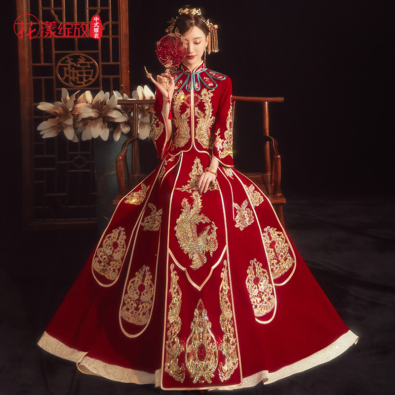 花漾绽放旗舰店丝绒秀禾服新娘新款结婚婚纱敬酒服红色礼服女龙凤褂披肩婚服3