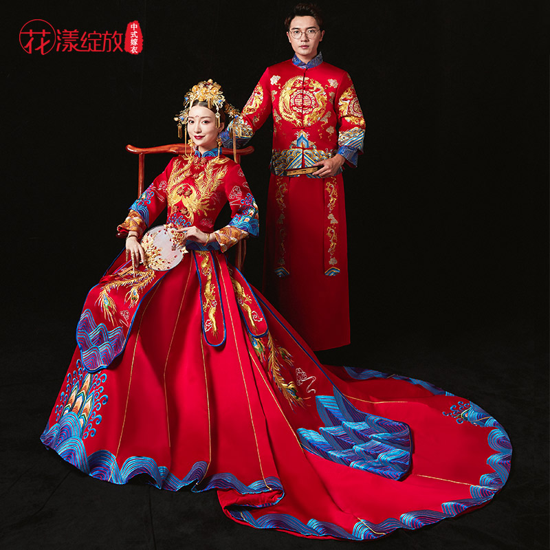 花漾绽放旗舰店秀禾服情侣款新娘新款蓝色结婚敬酒服中式婚纱婚服红色礼服女0