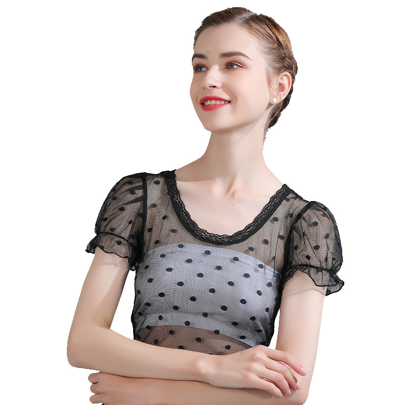 半截黑色蕾丝短袖女修身立领打底衫 艾帛丽蕾丝衫/雪纺衫