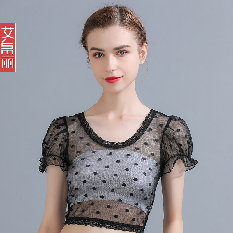 半截黑色蕾丝短袖女修身立领打底衫 艾帛丽蕾丝衫/雪纺衫