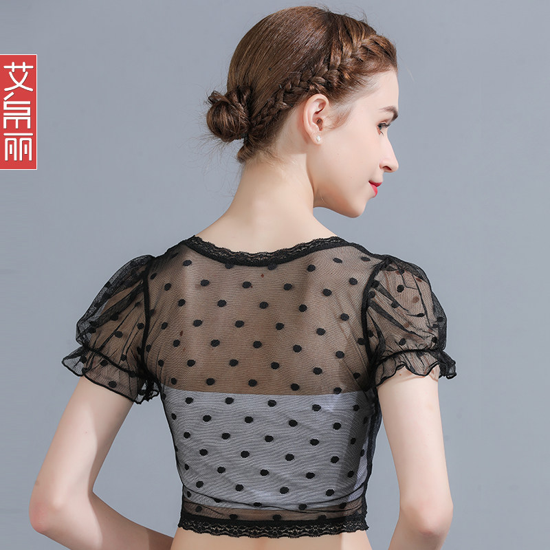 半截黑色蕾丝短袖女修身立领打底衫 艾帛丽蕾丝衫/雪纺衫
