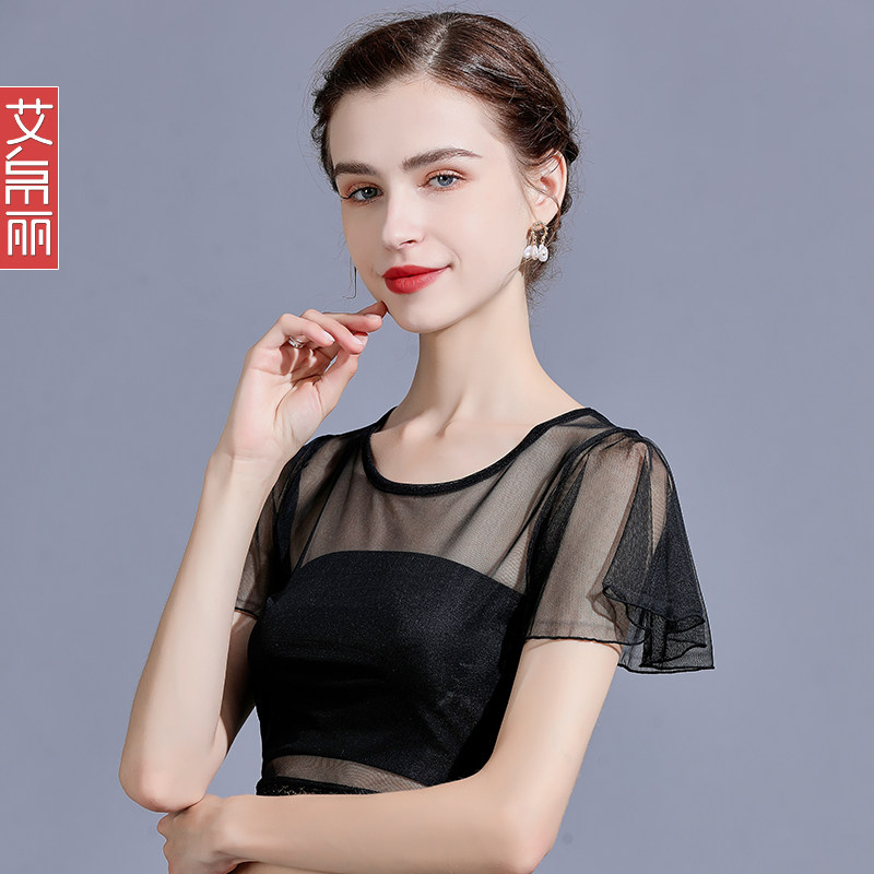 半身半截网纱黑色性感内搭薄打底衫 艾帛丽T恤