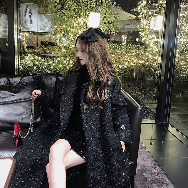 Starry sky silk galaxy Hepburn style knee-length woolen coat