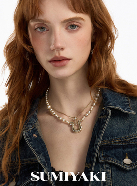 马蹄扣双层珍珠项链叠戴锁骨链女