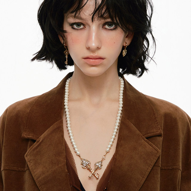 Love Lock Series Embossed Cross Key Pearl Necklace