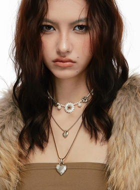 多层叠戴爱心项链雏菊珍珠锁骨链