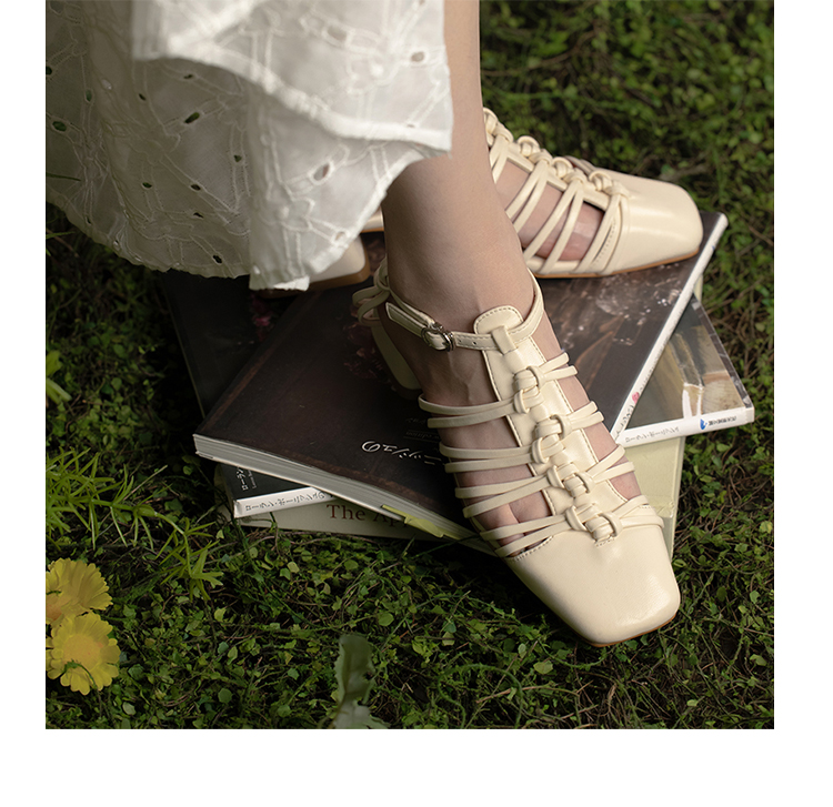 得足少女法式少女镂空细带包头粗跟罗马编织凉鞋仙女风单鞋-图0