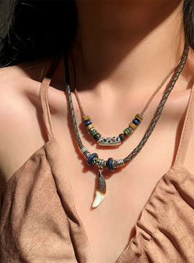 扶摇云间新中式异域民族风狼牙项链女复古叠戴长款波西米亚毛衣链
