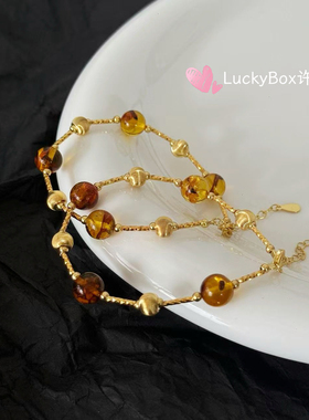 「秋日暖阳」天然花珀猫眼珠925银镀金手链琥珀美拉德风贵气手饰