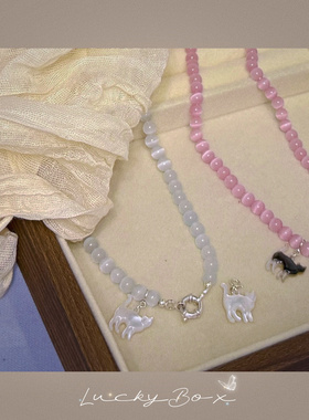 「猫咪精灵」夏日猫眼石白蝶贝猫咪可拆卸吊坠项链锁骨链小众鬼马