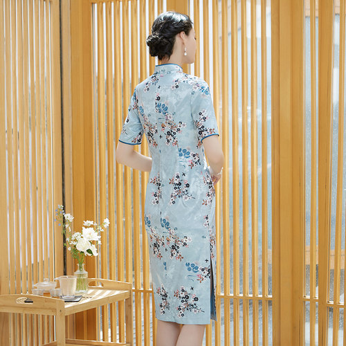 木真了中式祥云印花修身旗袍裙新品复古通勤宴会中长款礼服女972 - 图2