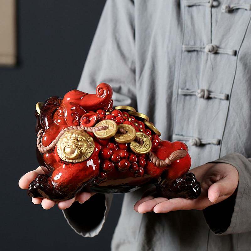 陶瓷金蟾招财摆件家居客厅旺财紫砂红色三足蛤蟆蟾蜍店铺开业礼品