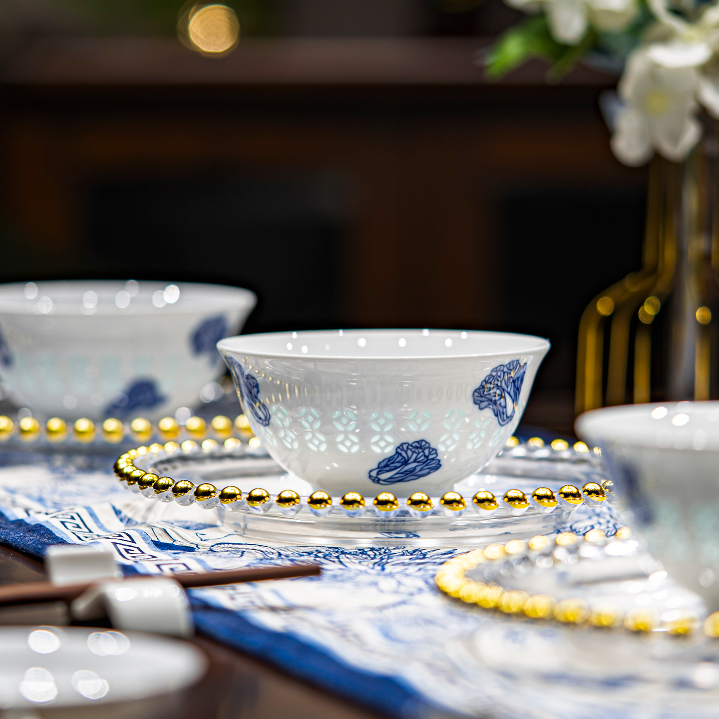 富玉陶瓷景德镇釉下彩碗家用高颜值玲珑乔迁之喜入宅搬家礼物餐具 - 图0