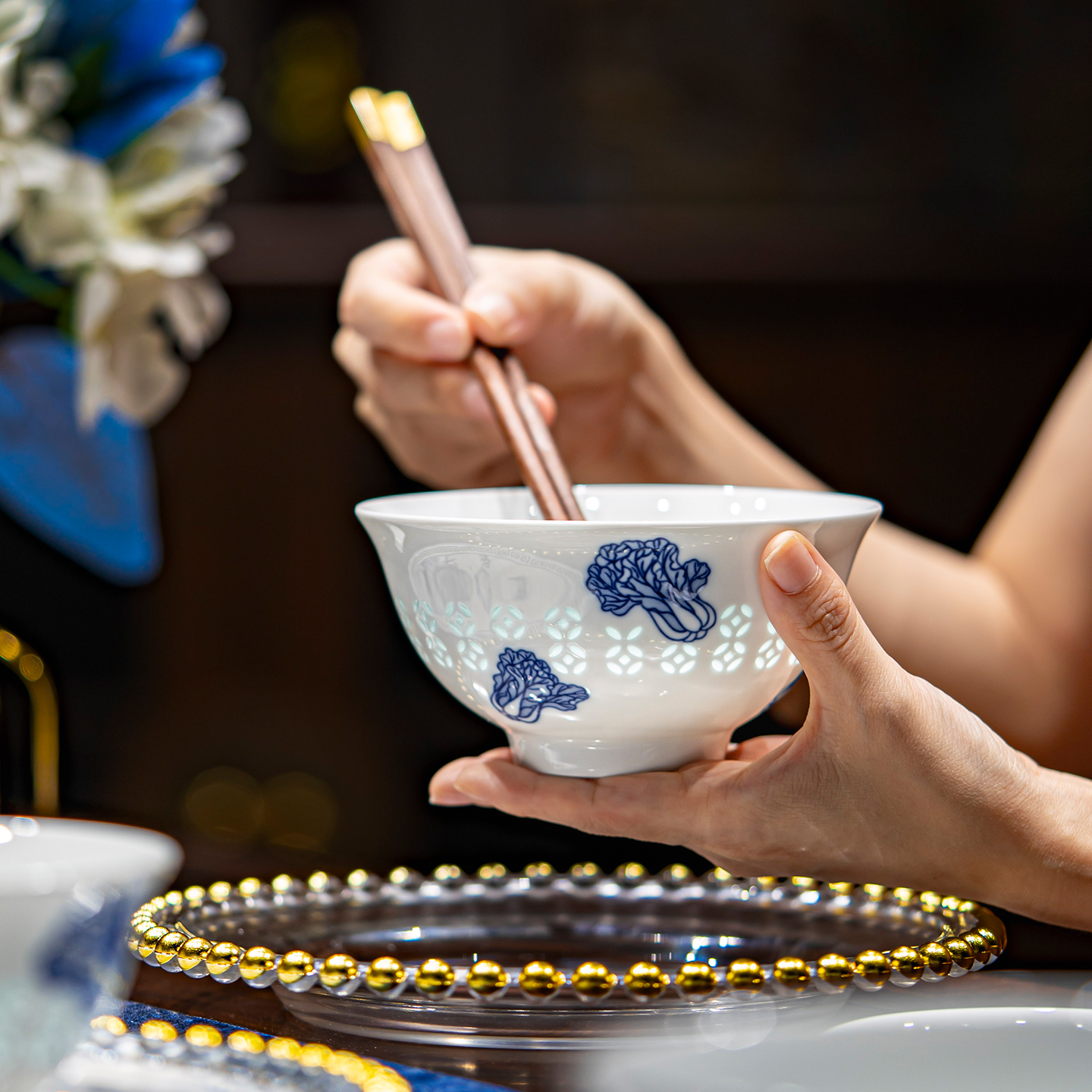 富玉陶瓷景德镇釉下彩碗家用高颜值玲珑乔迁之喜入宅搬家礼物餐具 - 图1