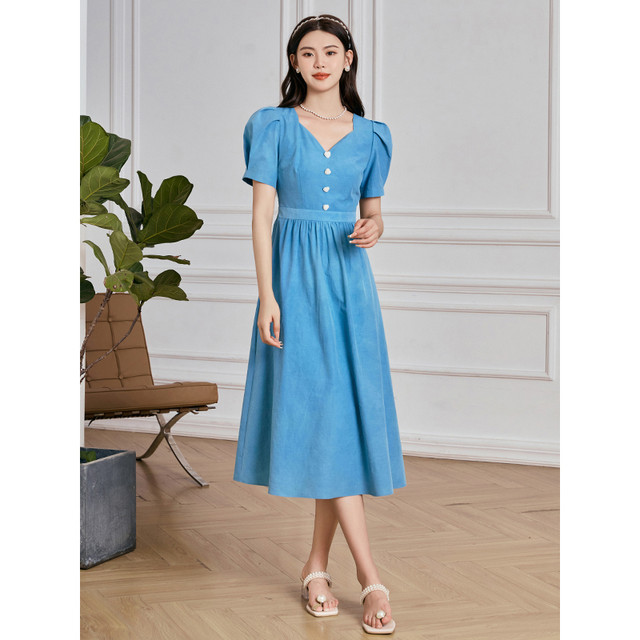 Stubborn summer new retro temperament v-neck puff sleeve waist dress short-sleeved dress 32232LQ08175