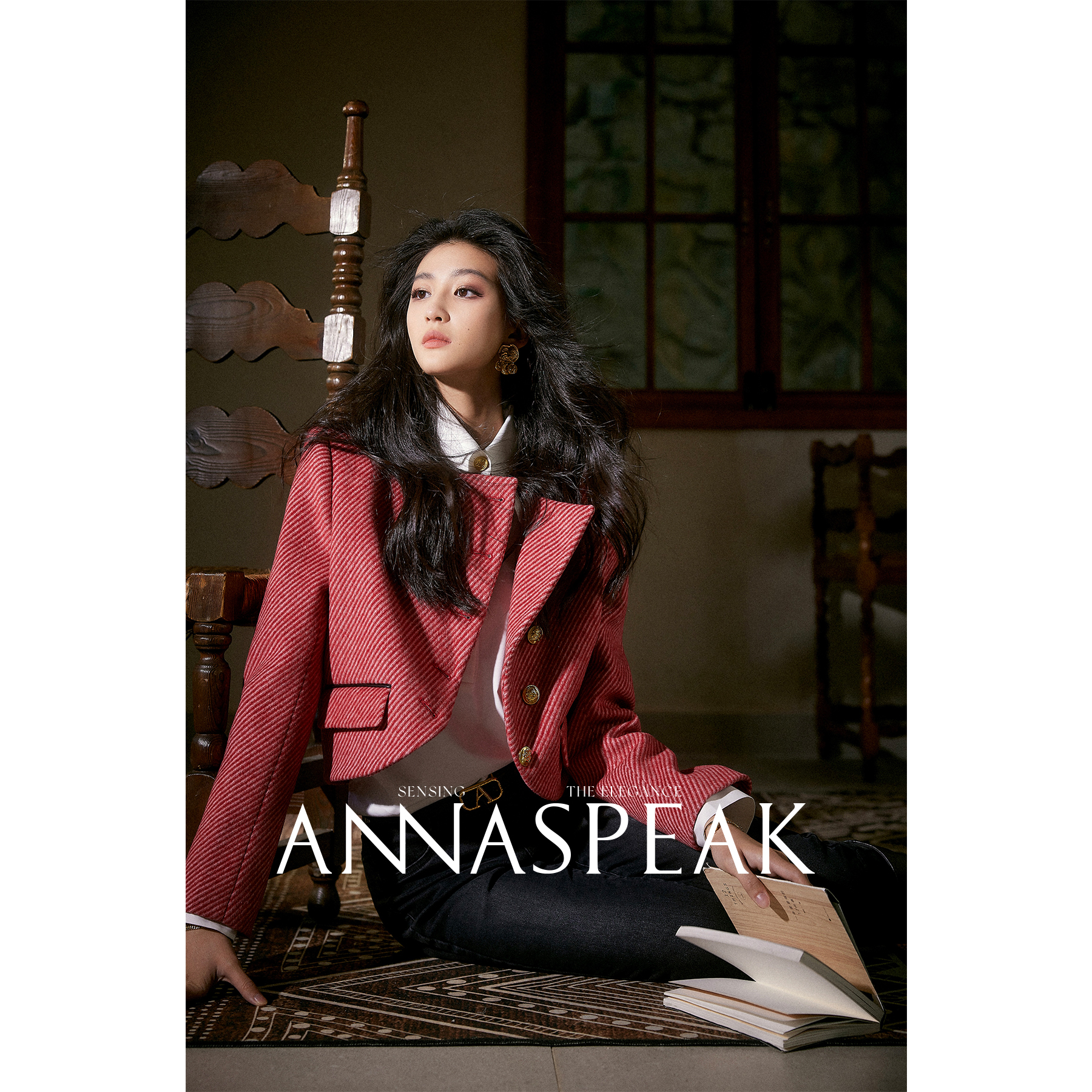 ANNASPEAK 澳洲美丽诺羊毛领部拼皮撞色条纹翻领AS冬季新款短外套