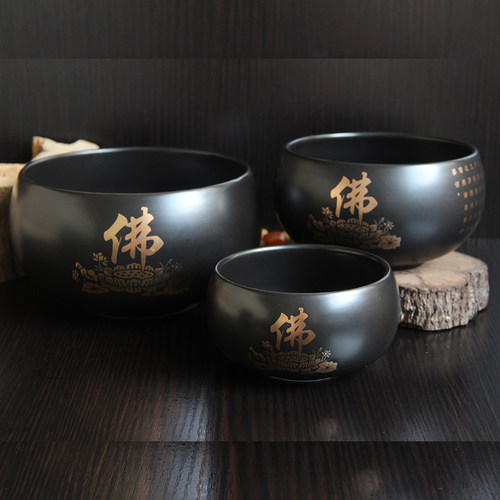黑色钵碗陶瓷和尚碗金色心经佛禅莲花钵盂居士复古碗僧人碗钵佛碗 - 图0