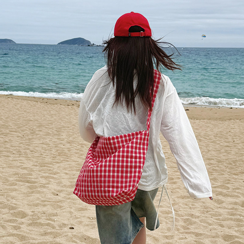 TUshu/格纹系列～ins复古帆布包单肩斜挎包休闲百搭轻便水桶包女,淘宝优惠券,粉丝福利购,淘宝优惠卷