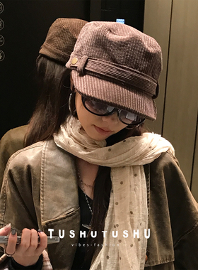 韩代显脸小氛围感灯芯绒马术帽