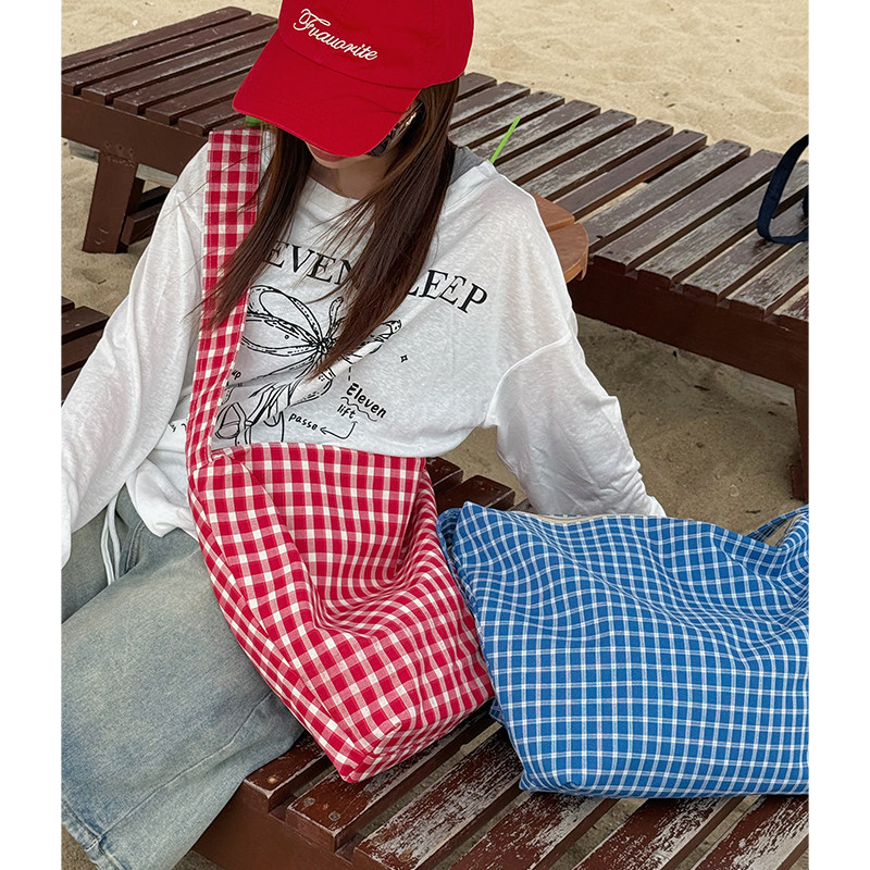 TUshu/格纹系列～ins复古帆布包单肩斜挎包休闲百搭轻便水桶包女,淘宝优惠券,粉丝福利购,淘宝优惠卷