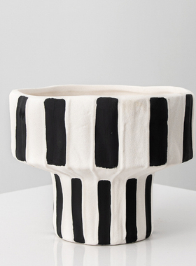 黑白条纹宽口陶瓷花瓶样板房家居客厅餐桌插花器桌面软装饰品摆件