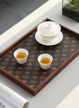 高档胡桃木皮革五角星长方形托盘轻奢实木收纳盘酒杯茶装饰品摆件