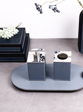 现代轻奢不锈钢皮革卫浴套件皂液器乳液按压器瓶卫浴套件分装摆件