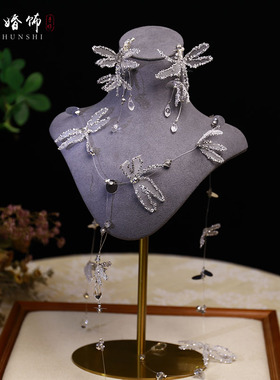 新款新娘蜻蜓水晶流苏项链耳环