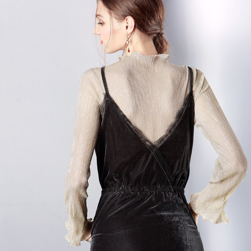 2021秋冬新款内搭蕾丝打底衫女喇叭袖压皱木耳边透明网纱长袖上衣,淘宝优惠券,粉丝福利购,淘宝优惠卷