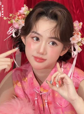 涵汐森系粉色花朵新娘发夹套装