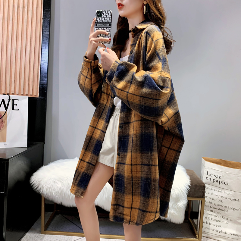 磨毛韩版宽松中长款格子女秋装衬衫 卡卡小镇衬衫