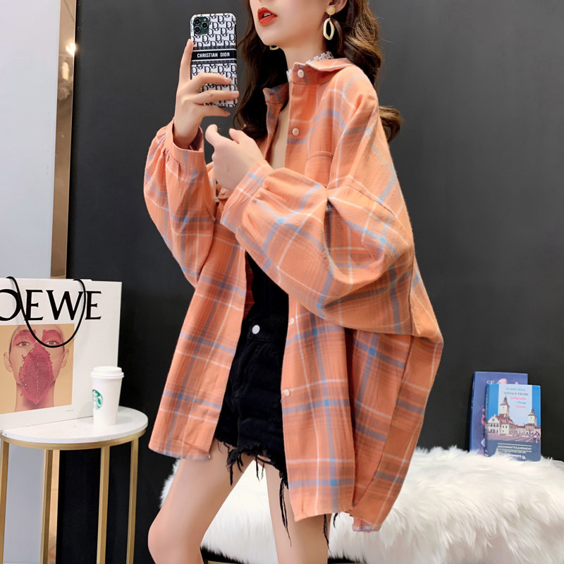 减10格子女复古港味宽松韩版衬衫 卡卡小镇衬衫
