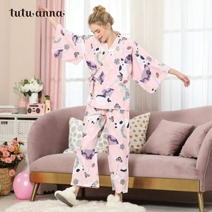tutuanna秋冬睡衣女 全棉透气磨毛和服家居服套装女