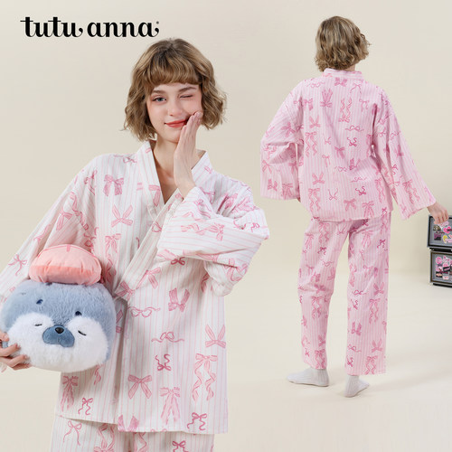 tutuanna秋冬全棉睡衣女磨毛竖条纹蝴蝶结满印长袖和服家居服套装 - 图3