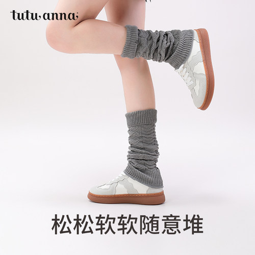 tutuanna春秋女士腿套 中筒袜针织堆堆袜纯色布贴百搭腿套女 - 图2