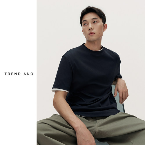 TRENDIANO重磅纯棉男士短袖圆领T恤夏季新款纯色宽松白色上衣 - 图3