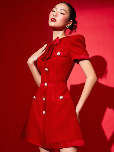 蝴蝶结小香风小个子小红裙礼服红色连衣裙女轻奢高级感名媛 - 图0