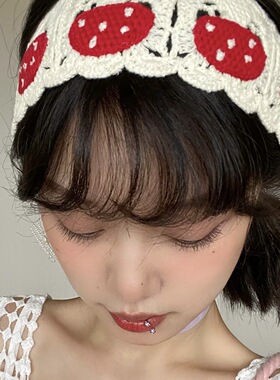 韩版甜美钩针蘑菇发带手工复古
