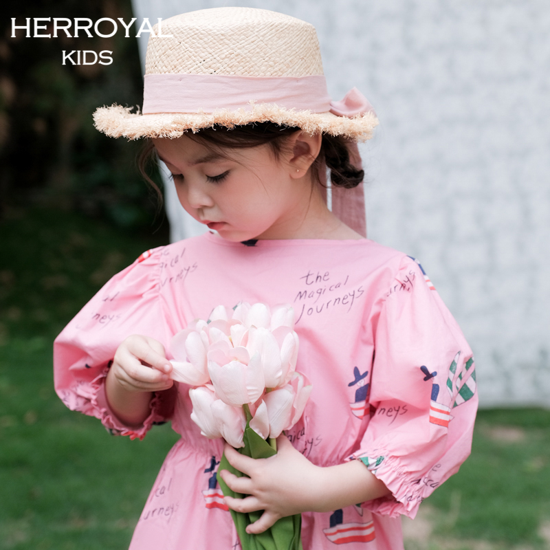 HERROYAL春秋装法式花苞裙女童装儿童粉色泡泡袖公主裙短袖连衣裙