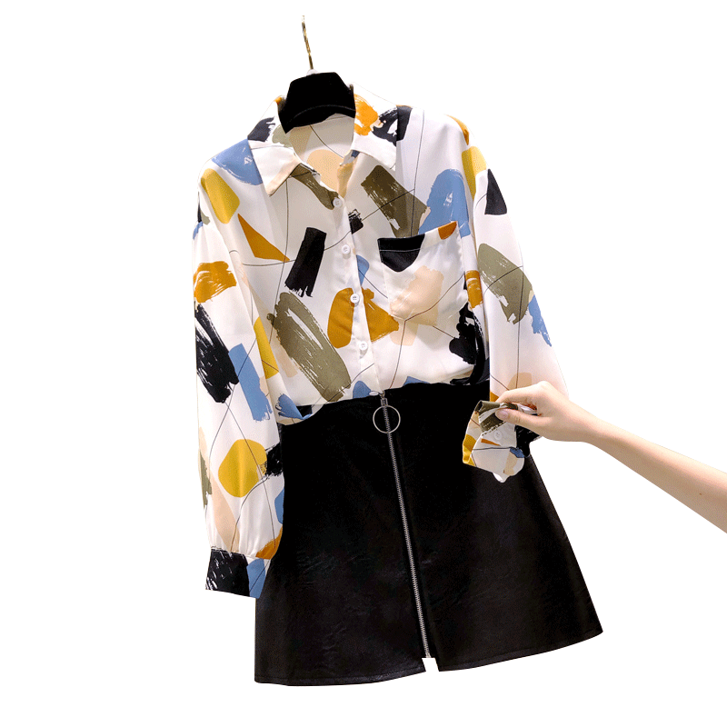 复古港风雪纺秋季2020新款韩版衬衫 古迪鲨衬衫