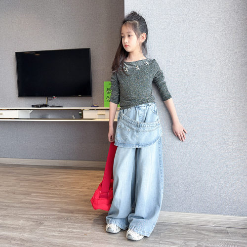 女童复古假两件辣妹风牛仔裤套装2026春装新款阔腿裤洋气两面穿上 - 图0