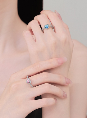 s925纯银爱心形粉钻指环女送闺蜜