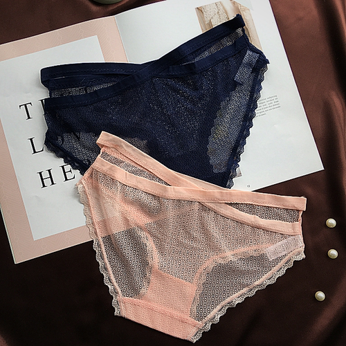 1.5元2条装 蕾丝边镂空内裤透气低腰女士三角裤透明网纱性感速干 - 图1