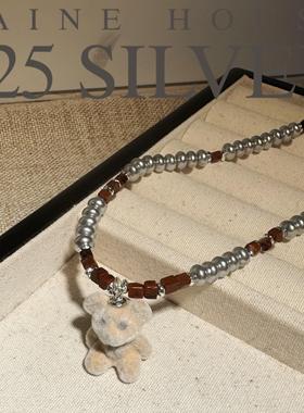 S925银施家灰珠植绒小熊吊坠项链