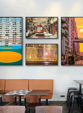 港式装饰画香港夜景摄影街景挂画茶餐厅港风复古咖啡奶茶店壁画