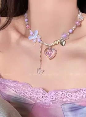 串珠高级感女生甜酷项链爱心配饰蝴蝶辣妹撞色气质小众锁骨链轻奢