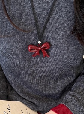 新款高级感红蝴蝶结爱心项链女长